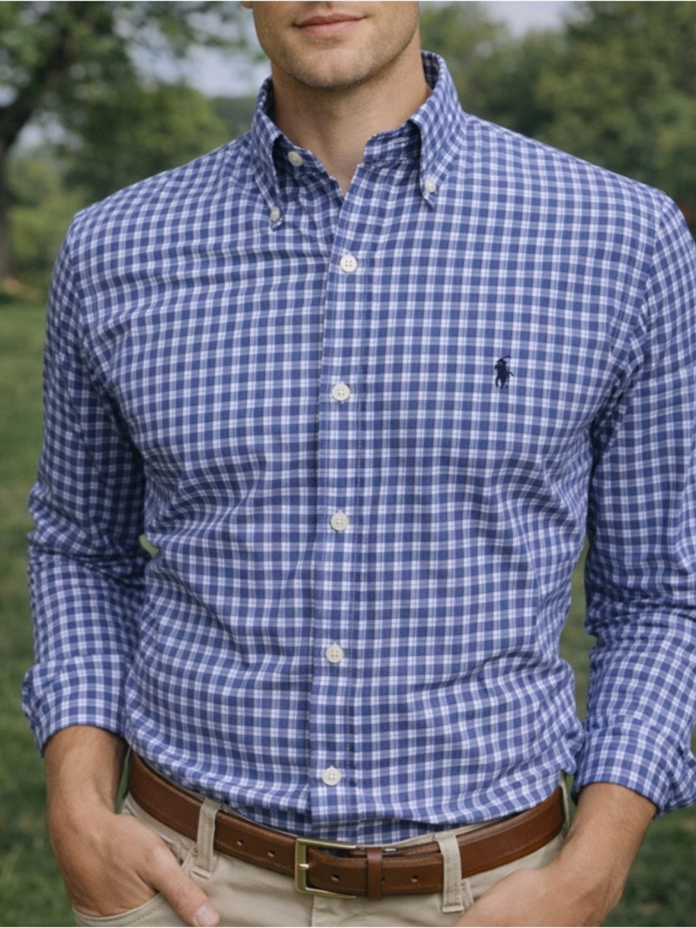 -Ralph Lauren Gingham Navy & White L/S Men's Button-Down Shirt Size Small